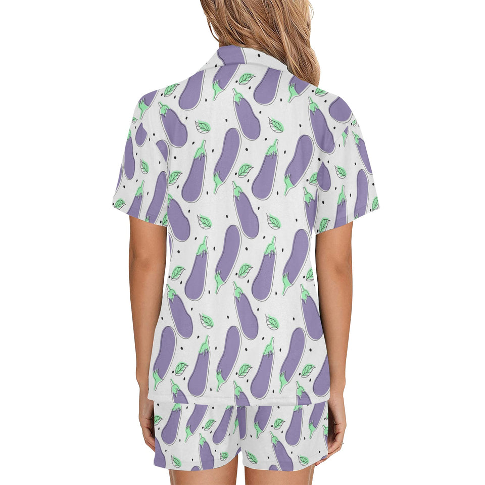 Eggplant Pattern Print Design 05 Women's V-Neck Short Pajama Set