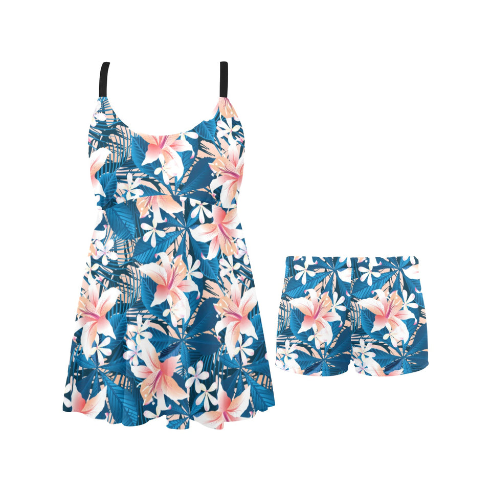 Hibiscus Pattern Print Design 02 Chest Sexy Pleated Two Piece Swim Dress