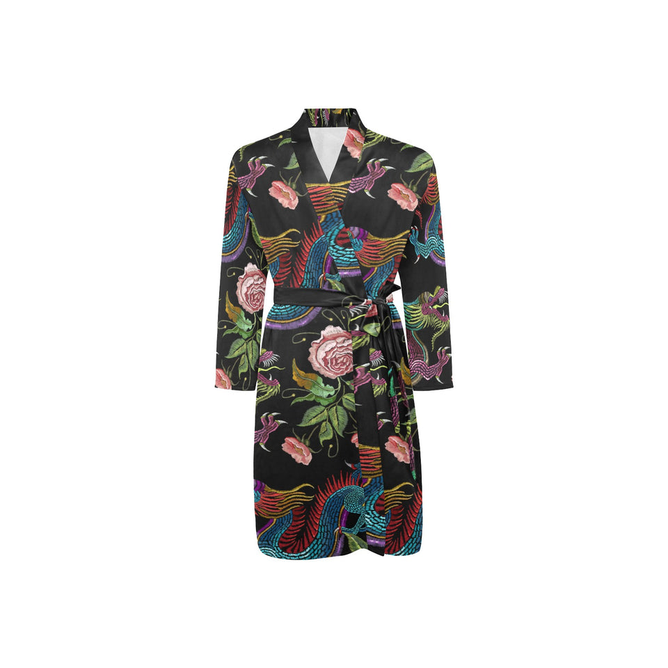 Dragons flower pattern Men's Long Sleeve Belted Night Robe