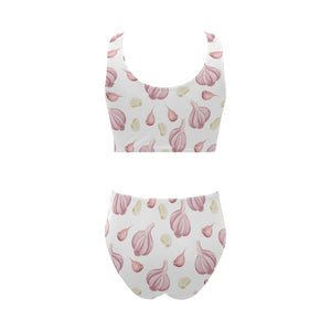 Garlic pattern Chest Bowknot High Waisted Bikini Swimsuit