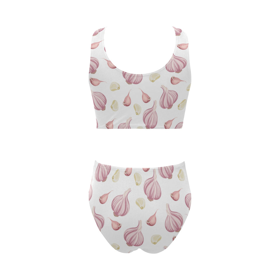 Garlic pattern Chest Bowknot High Waisted Bikini Swimsuit