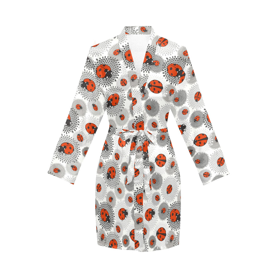 Ladybug Pattern Print Design 05 Women's Long Sleeve Belted Night Robe