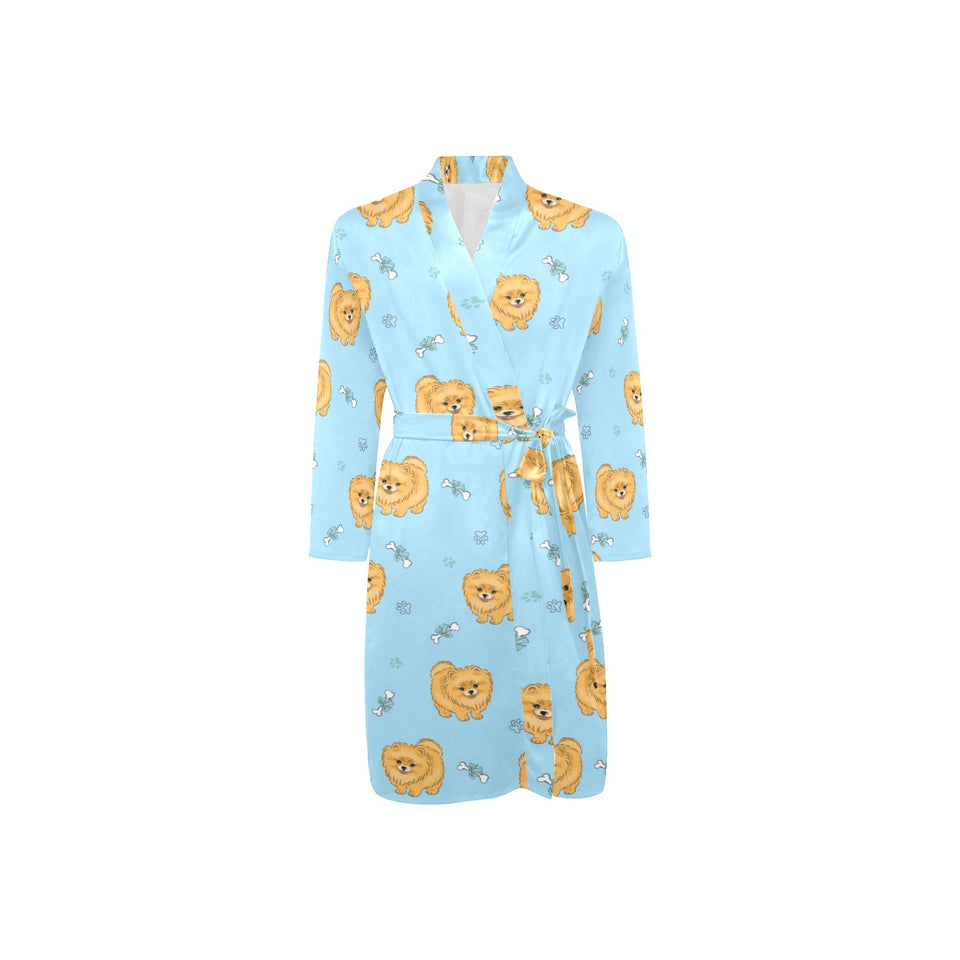 Brown cute pomeranian blue blackground Men's Long Sleeve Belted Night Robe