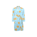 Brown cute pomeranian blue blackground Men's Long Sleeve Belted Night Robe