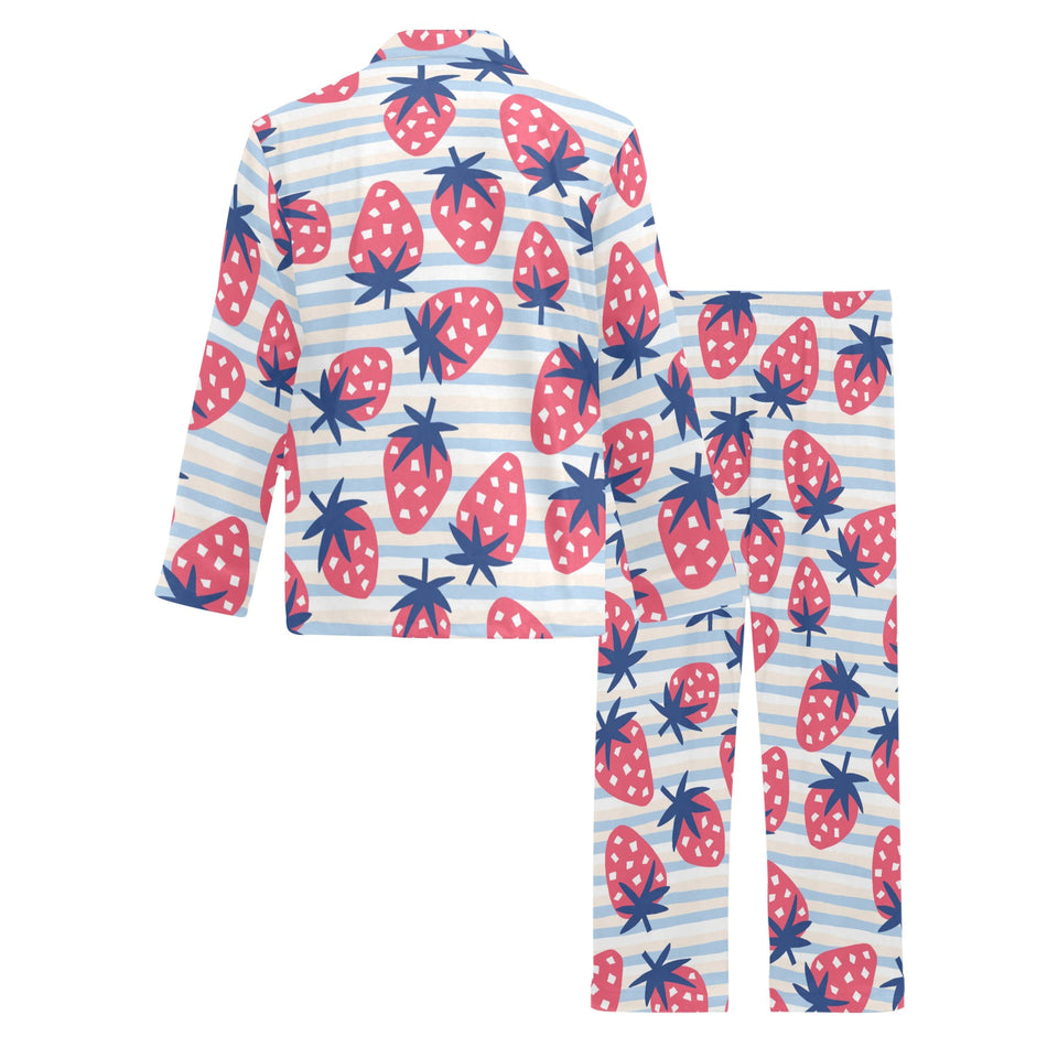 Strawberry pattern blue lines background Men's Long Pajama Set