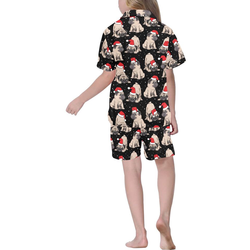 Christmas Pugs Santa_s red cap pattern Kids' Boys' Girls' V-Neck Short Pajama Set