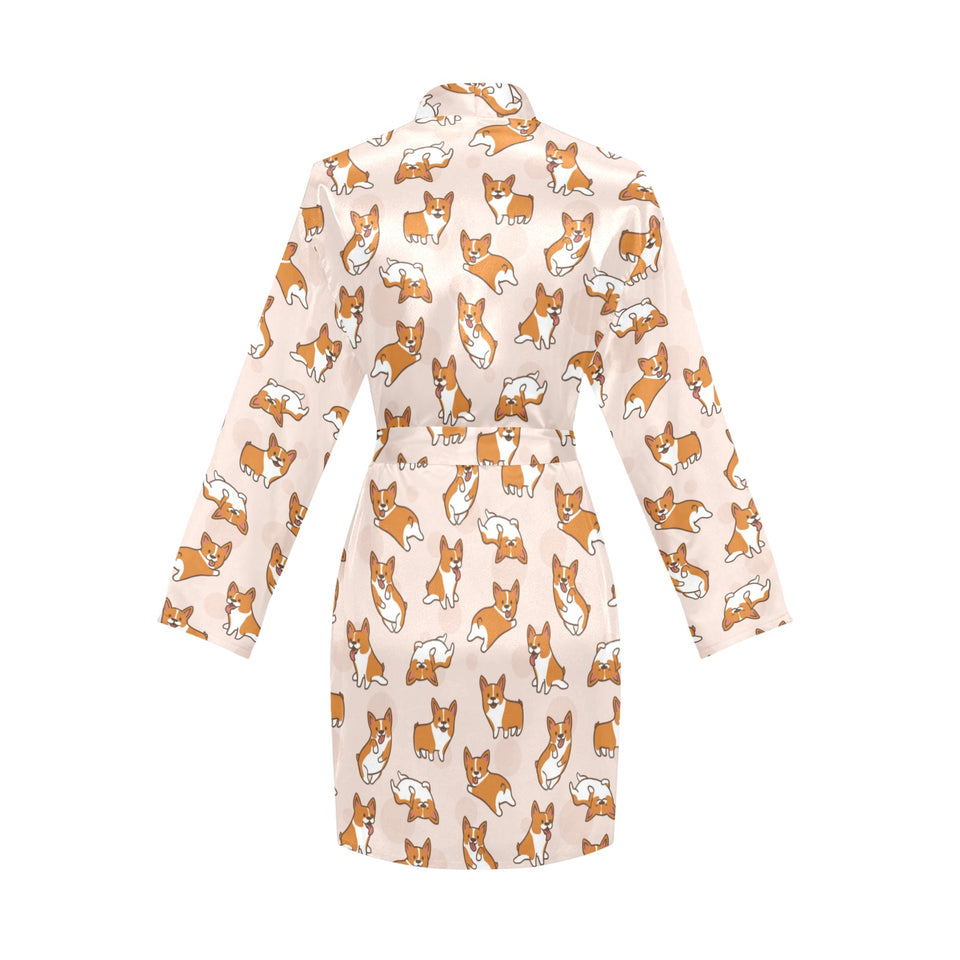 Cute Corgis Pattern pink background Women's Long Sleeve Belted Night Robe