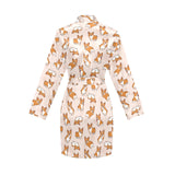 Cute Corgis Pattern pink background Women's Long Sleeve Belted Night Robe