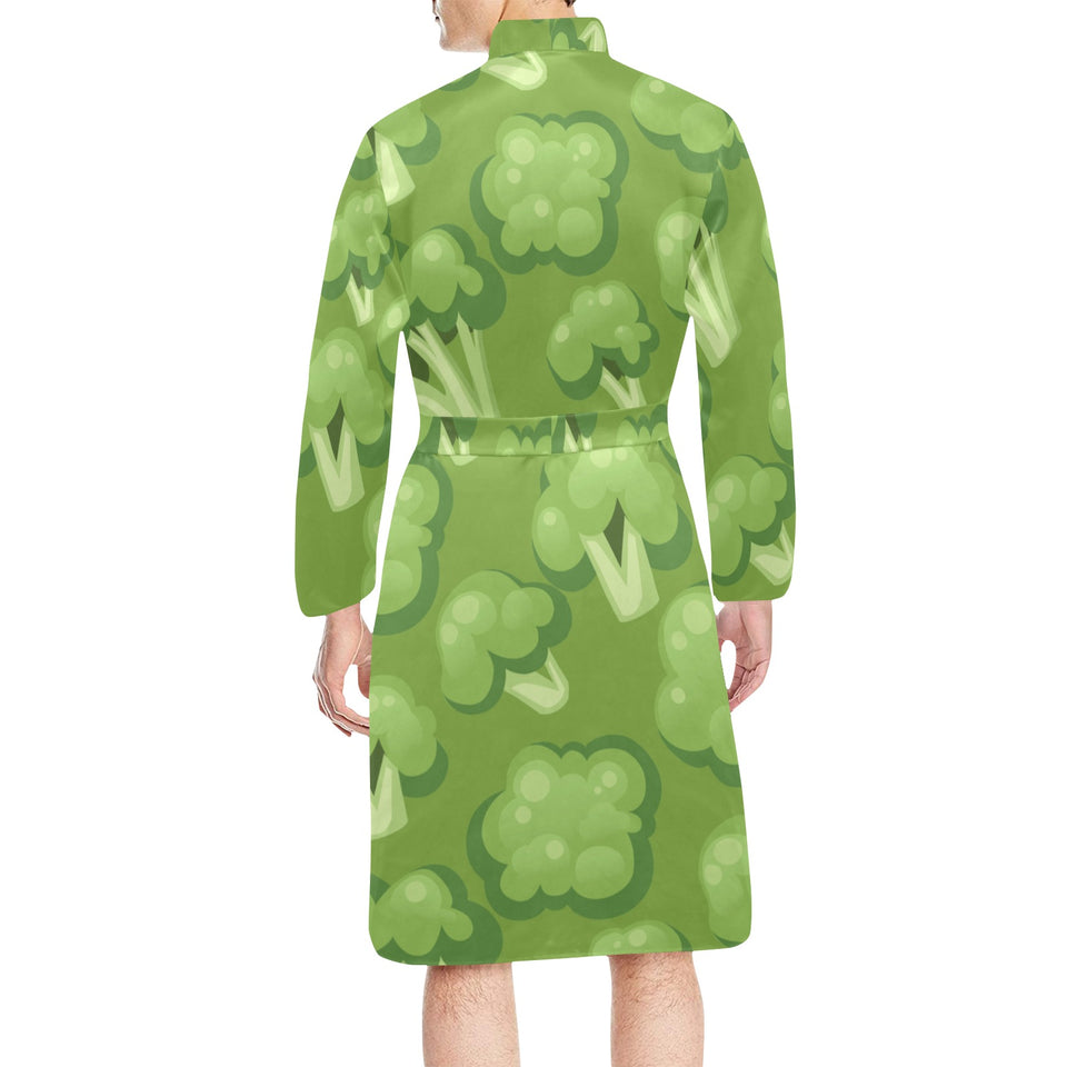 Broccoli pattern green background Men's Long Sleeve Belted Night Robe