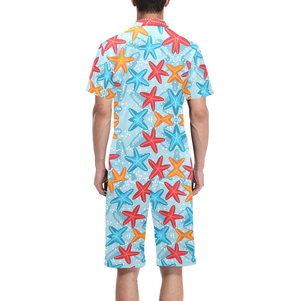 Blue red orange starfish pattern Men's V-Neck Short Pajama Set
