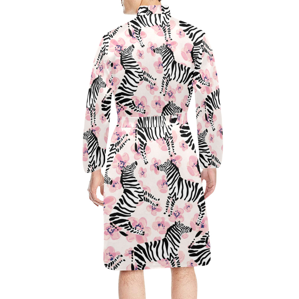 Zebra pink flower background Men's Long Sleeve Belted Night Robe