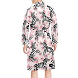 Zebra pink flower background Men's Long Sleeve Belted Night Robe