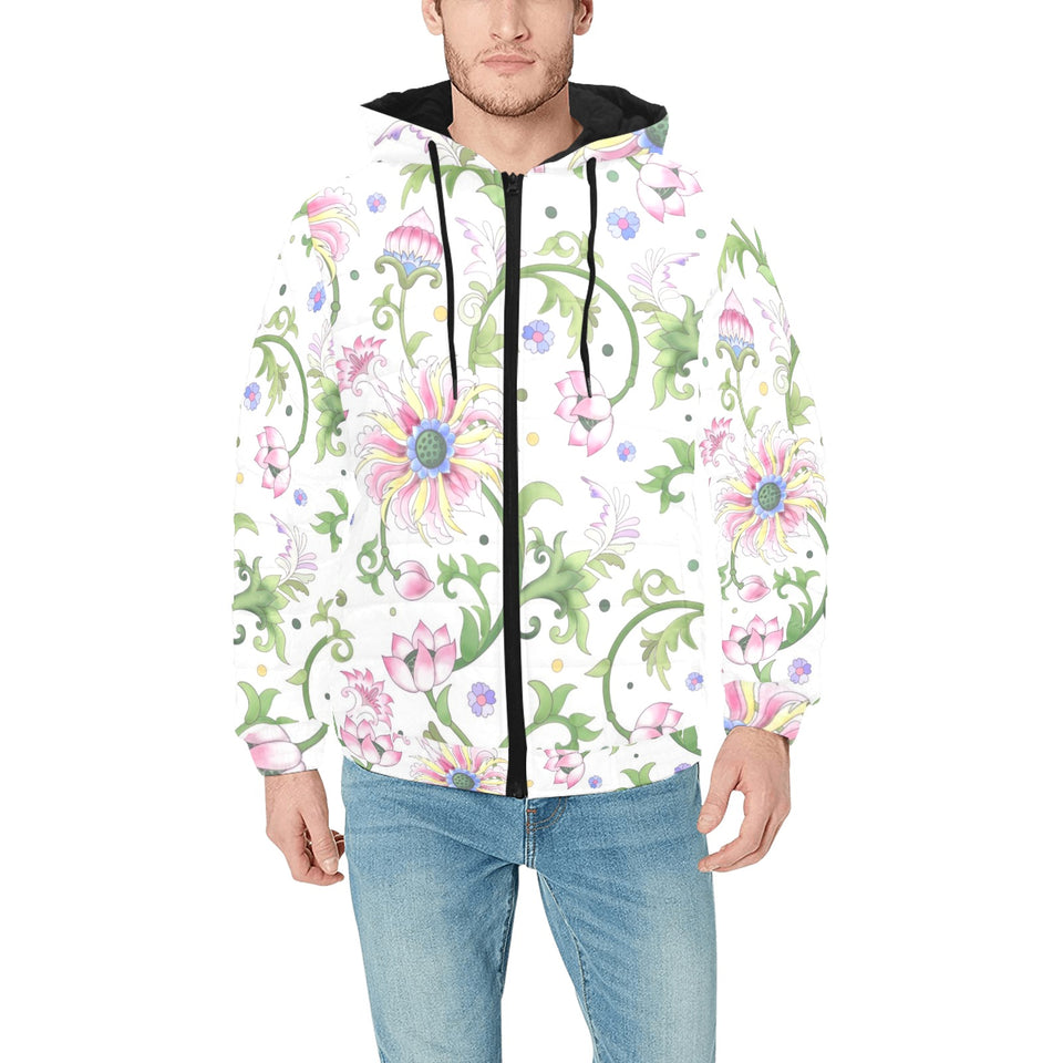 Beautiful pink lotus waterlily leaves pattern Men's Padded Hooded Jacket