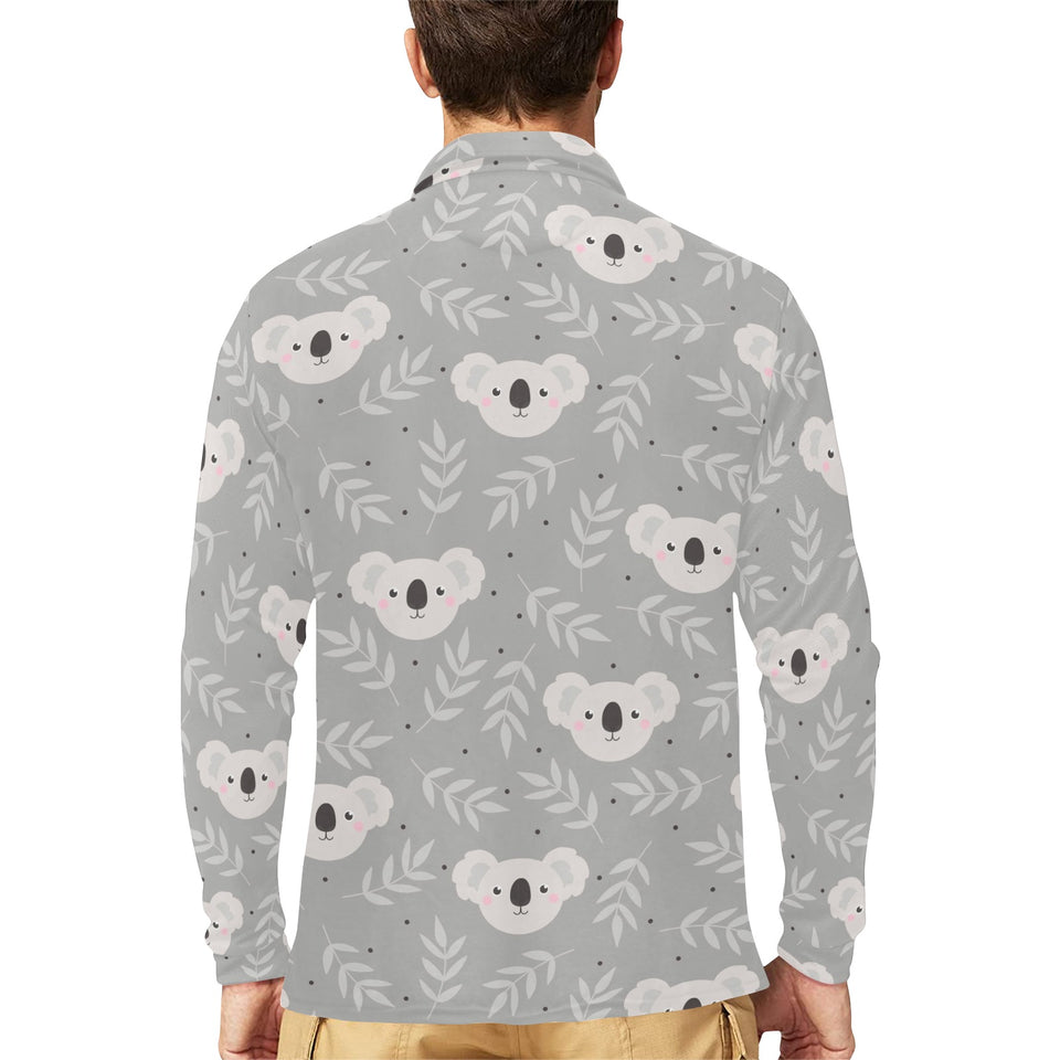 Cute koala leaves pattern Men's Long Sleeve Polo Shirt