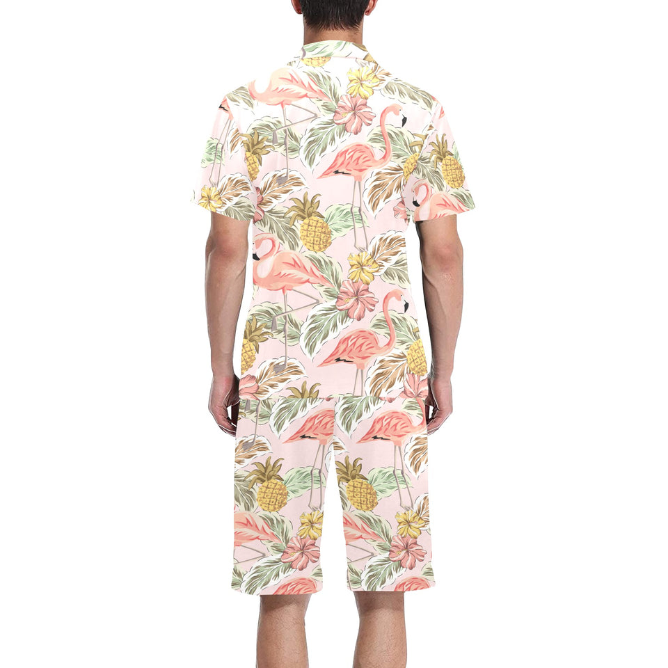 Pink flamingo birds pineapples hibiscus flower pat Men's V-Neck Short Pajama Set