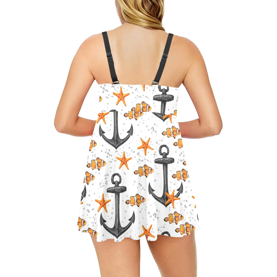 Clown Fish Pattern Print Design 02 Chest Sexy Pleated Two Piece Swim Dress