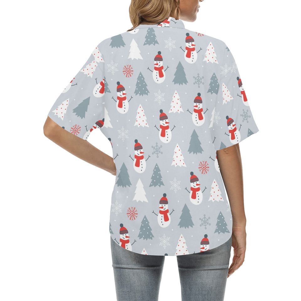 Snowman christmas  tree snow gray background Women's All Over Print Hawaiian Shirt