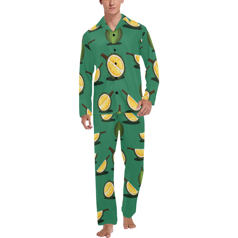 Durian pattern green background Men's Long Pajama Set