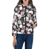 white swan blooming flower pattern Women's Padded Hooded Jacket