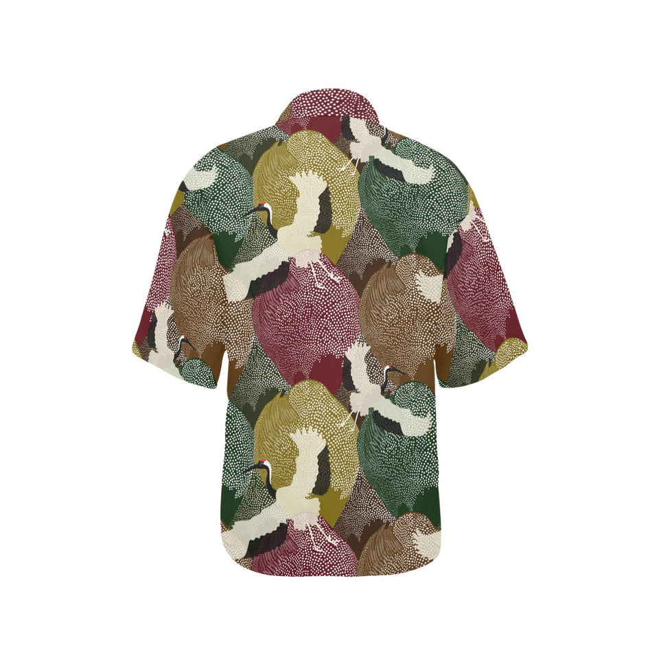 Japanese cranes flying forest dot pattern Women's All Over Print Hawaiian Shirt