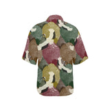 Japanese cranes flying forest dot pattern Women's All Over Print Hawaiian Shirt