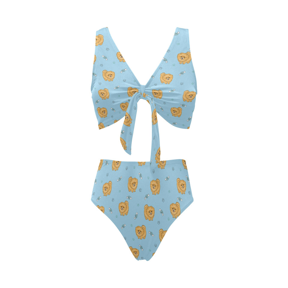 Brown cute pomeranian blue blackground Chest Bowknot High Waisted Bikini Swimsuit