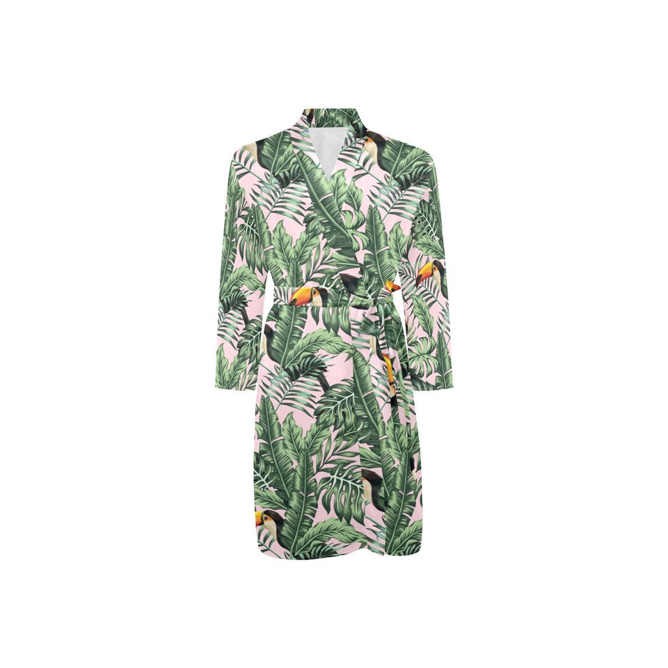 Toucan tropical flower leave pattern Men's Long Sleeve Belted Night Robe
