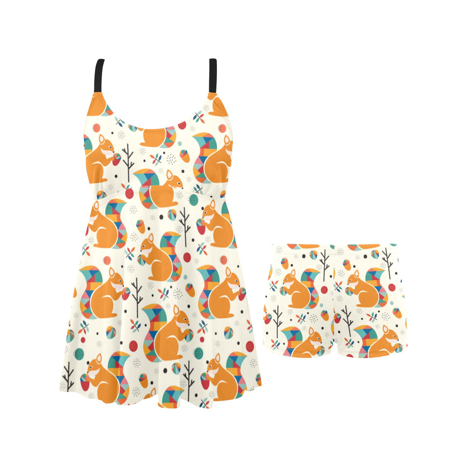 Squirrel Pattern Print Design 04 Chest Sexy Pleated Two Piece Swim Dress