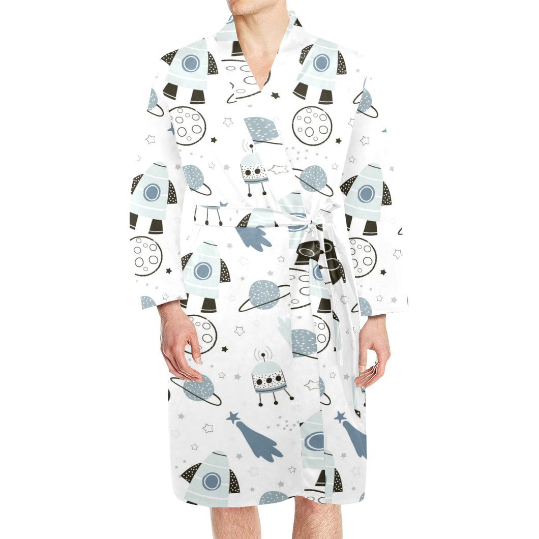 Hand drawn space elements space rocket star planet Men's Long Sleeve Belted Night Robe