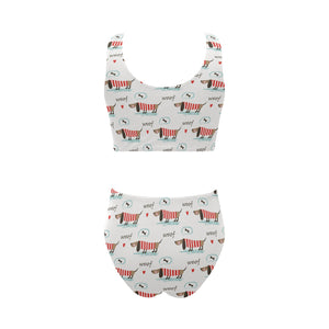Cute dachshund bone pattern Chest Bowknot High Waisted Bikini Swimsuit