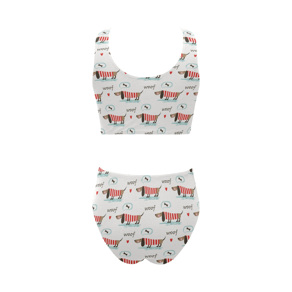 Cute dachshund bone pattern Chest Bowknot High Waisted Bikini Swimsuit