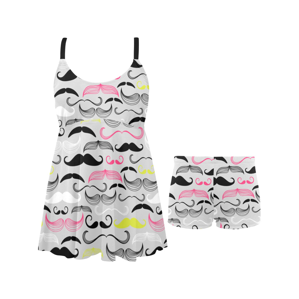Mustache Beard Pattern Print Design 02 Chest Sexy Pleated Two Piece Swim Dress