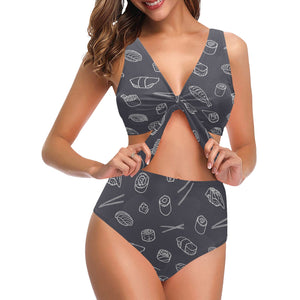 sushi pattern black background Chest Bowknot High Waisted Bikini Swimsuit