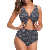 sushi pattern black background Chest Bowknot High Waisted Bikini Swimsuit