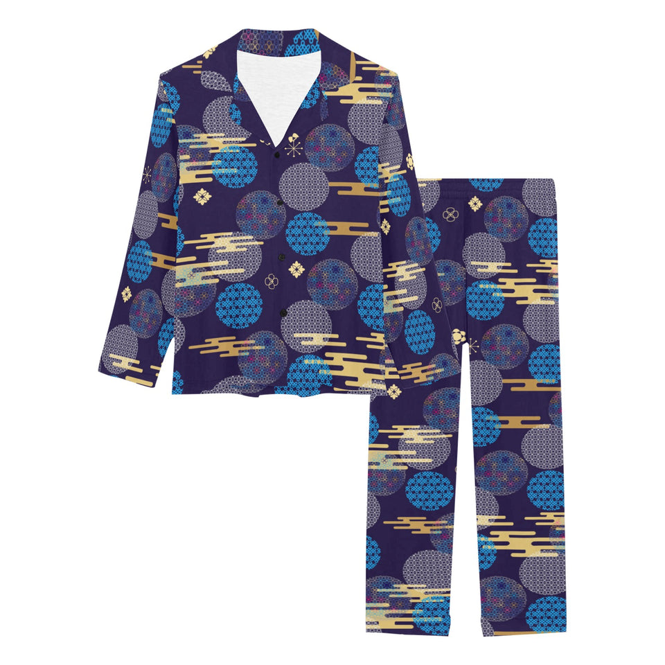 Blue japanese pattern cloud wave flower Women's Long Pajama Set