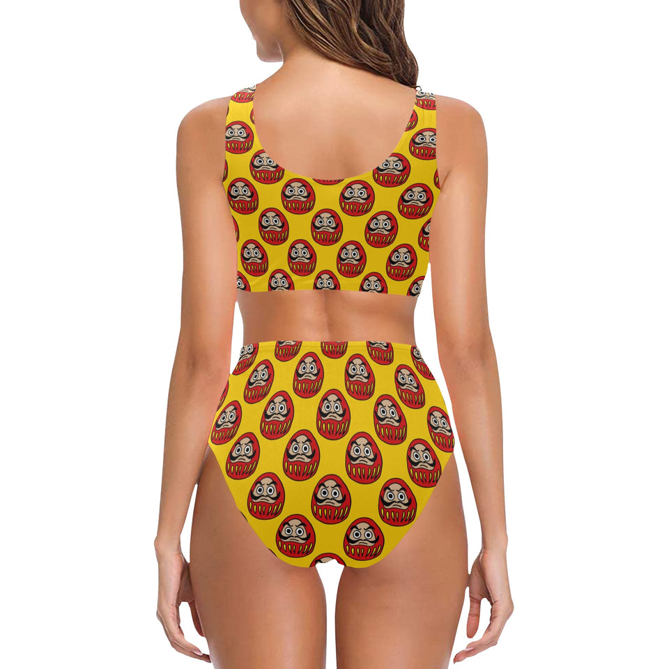 Daruma japanese wooden doll yellow background Chest Bowknot High Waisted Bikini Swimsuit