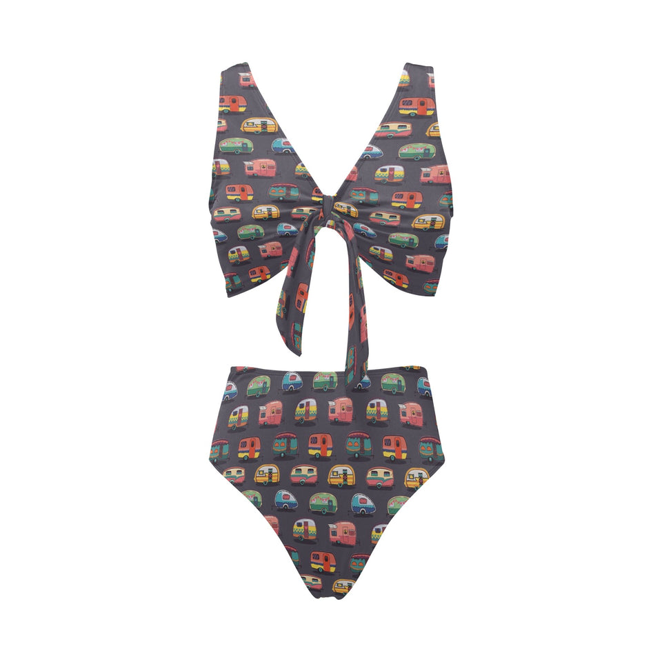 Camper Van Pattern Print Design 02 Chest Bowknot High Waisted Bikini Swimsuit
