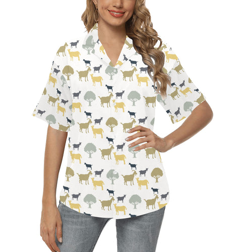 Silhouettes of goat and tree pattern Women's All Over Print Hawaiian Shirt