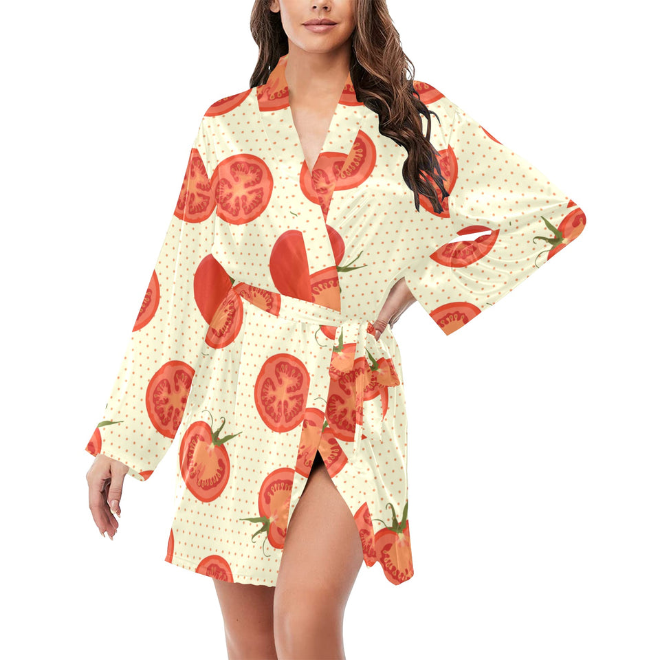 Tomato dot background Women's Long Sleeve Belted Night Robe