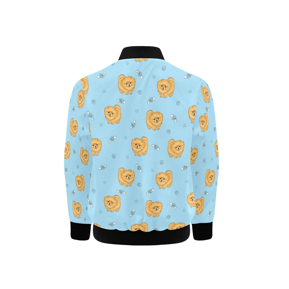 Brown cute pomeranian blue blackground Kids' Boys' Girls' Bomber Jacket