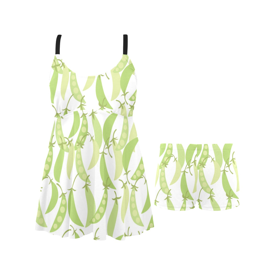Green Peas Pattern Print Design 03 Chest Sexy Pleated Two Piece Swim Dress
