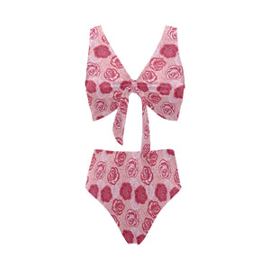 Rose Pattern Print Design 02 Chest Bowknot High Waisted Bikini Swimsuit