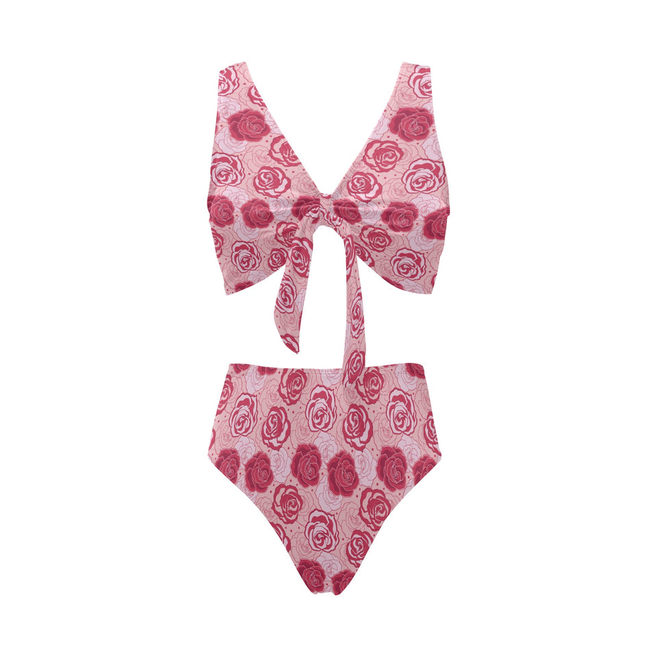 Rose Pattern Print Design 02 Chest Bowknot High Waisted Bikini Swimsuit