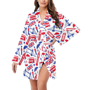 British Pattern Print Design 01 Women's Long Sleeve Belted Night Robe
