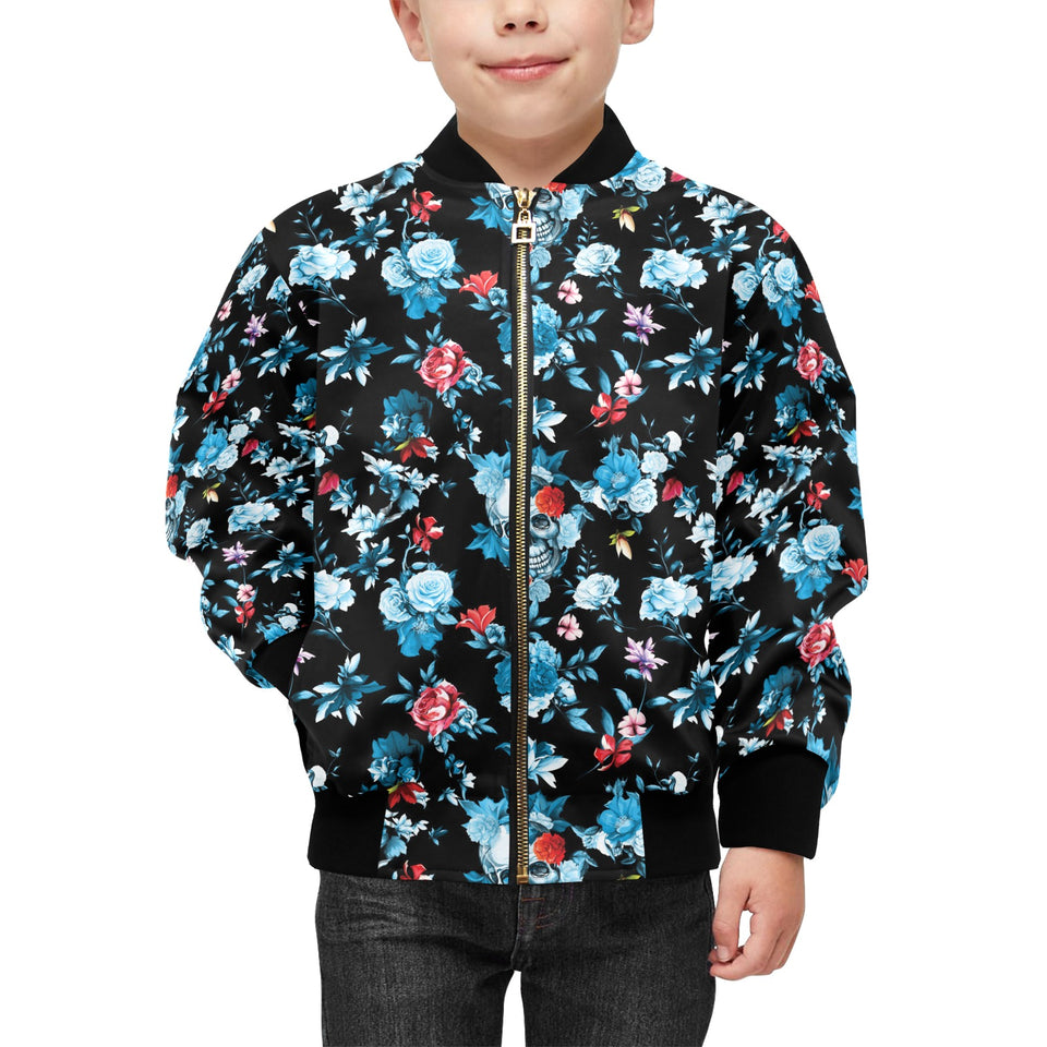 Skull flower roses leave pattern Kids' Boys' Girls' Bomber Jacket