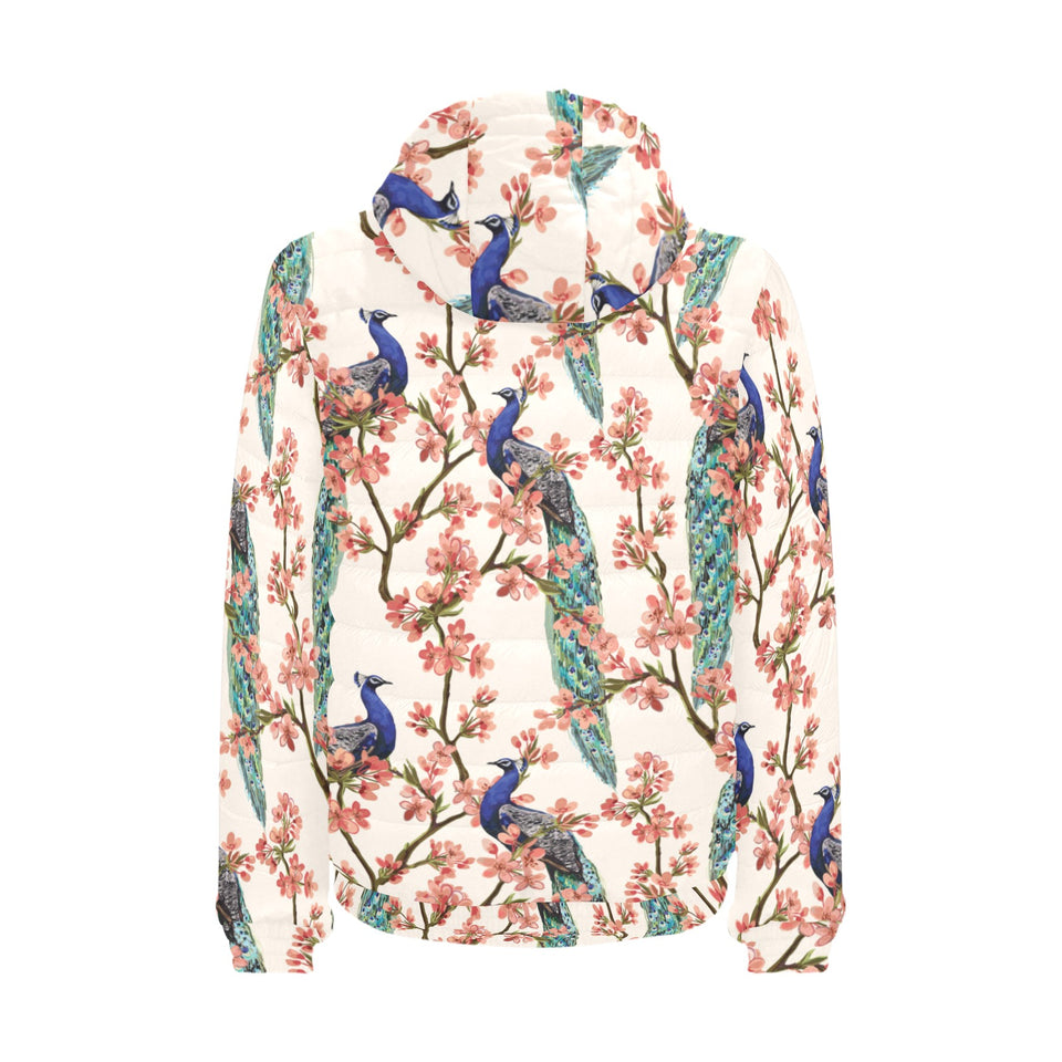 Peacock tropical flower pattern Men's Padded Hooded Jacket