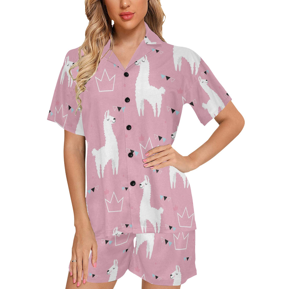 Llama Alpaca pink background Women's V-Neck Short Pajama Set