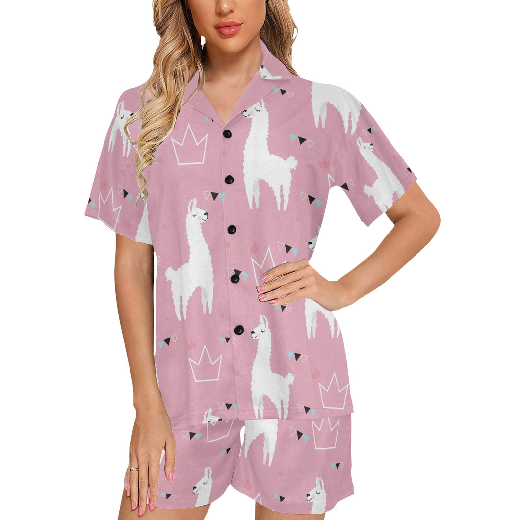 Llama Alpaca pink background Women's V-Neck Short Pajama Set