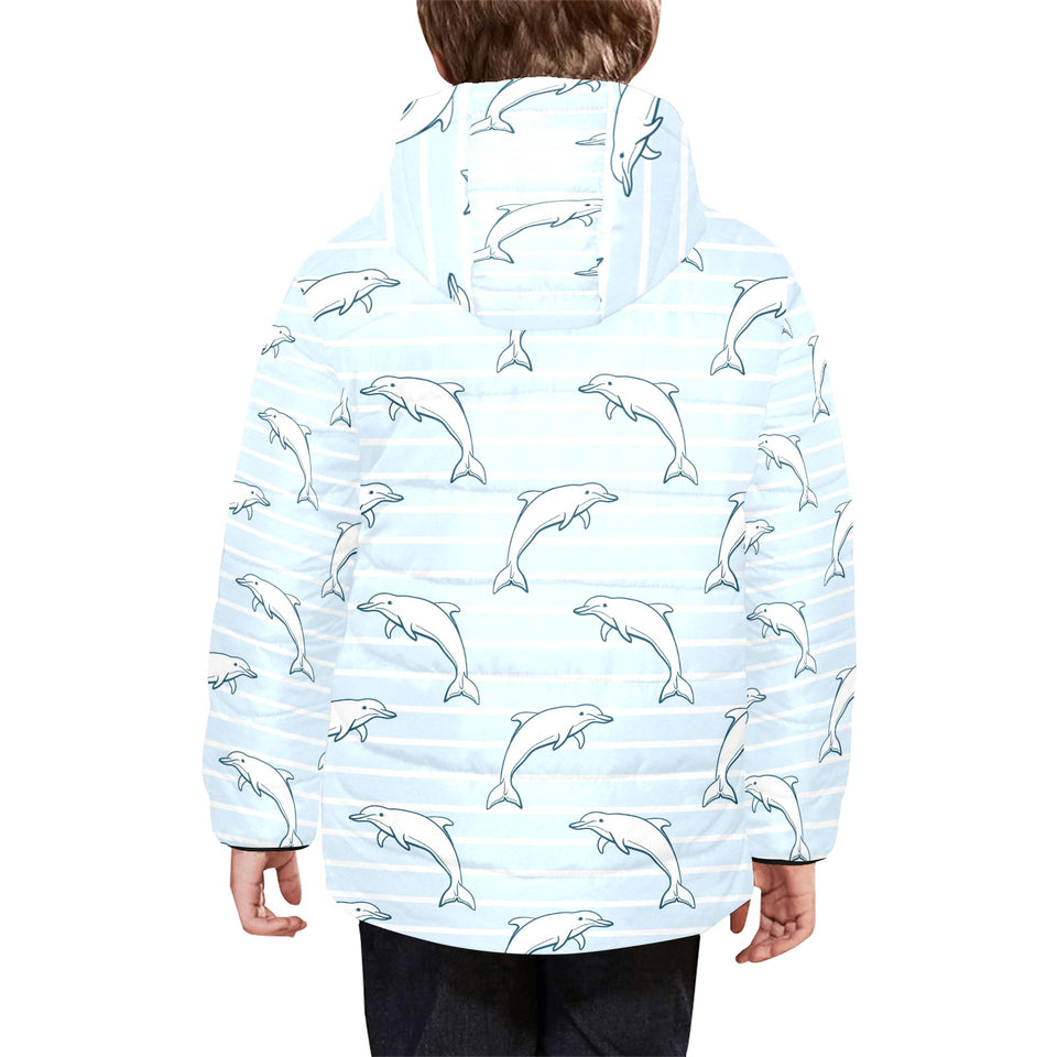 Dolphin blue striped background Kids' Boys' Girls' Padded Hooded Jacket