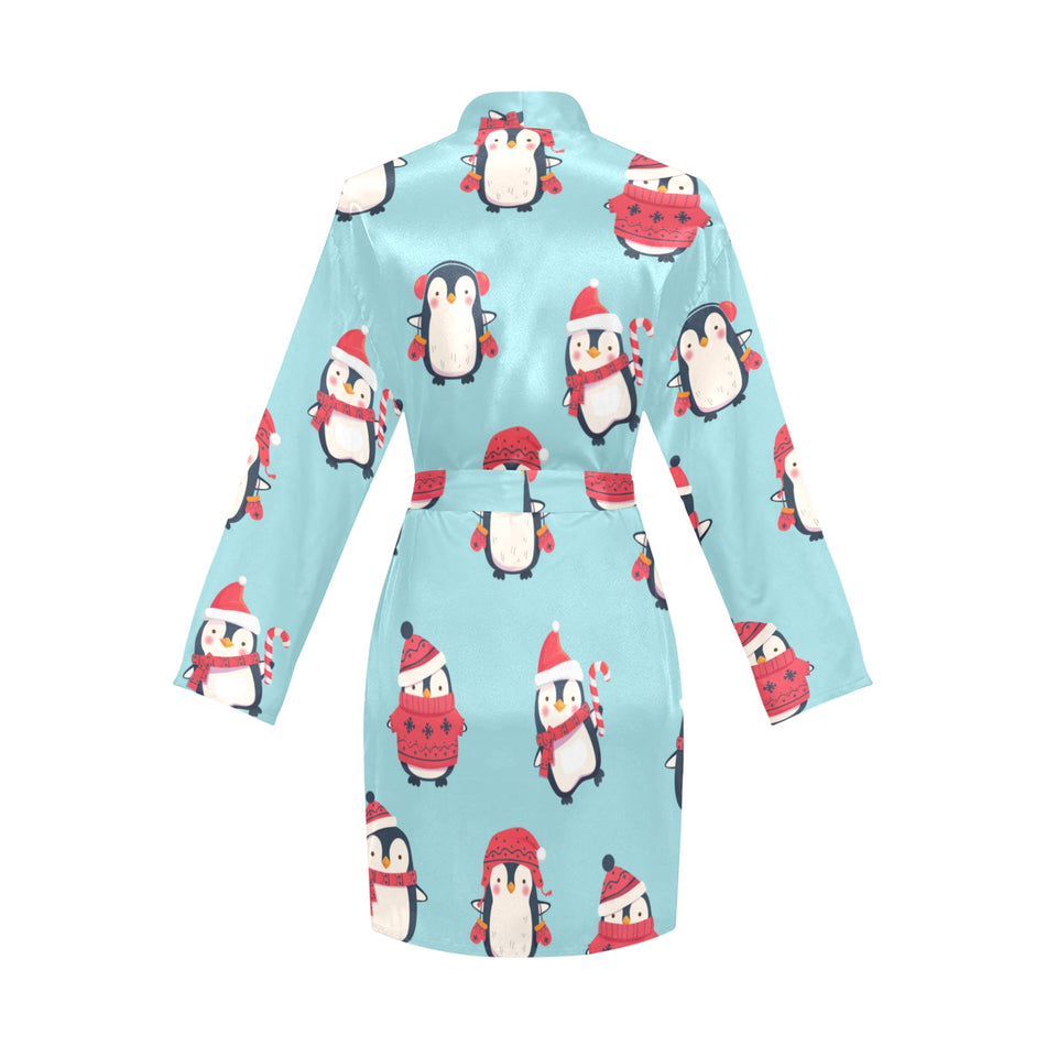 Cute penguin christmas design pattern Women's Long Sleeve Belted Night Robe